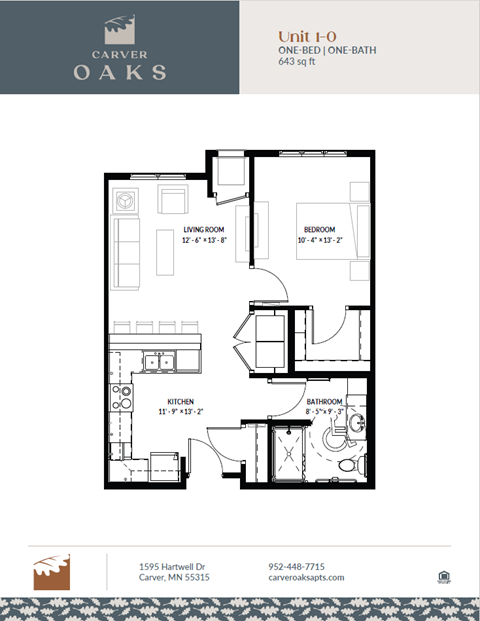 Floor plan for 1 bed, 1 bath, 643 sqft